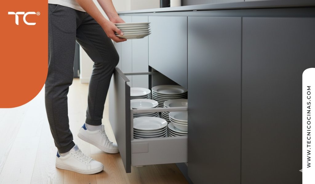 Pie abriendo cajón manos sosteniendo platos