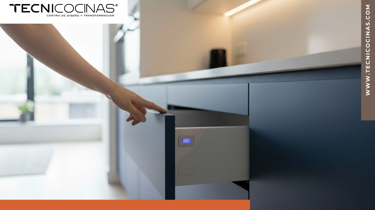 Mano tocando cajón automatizado gris