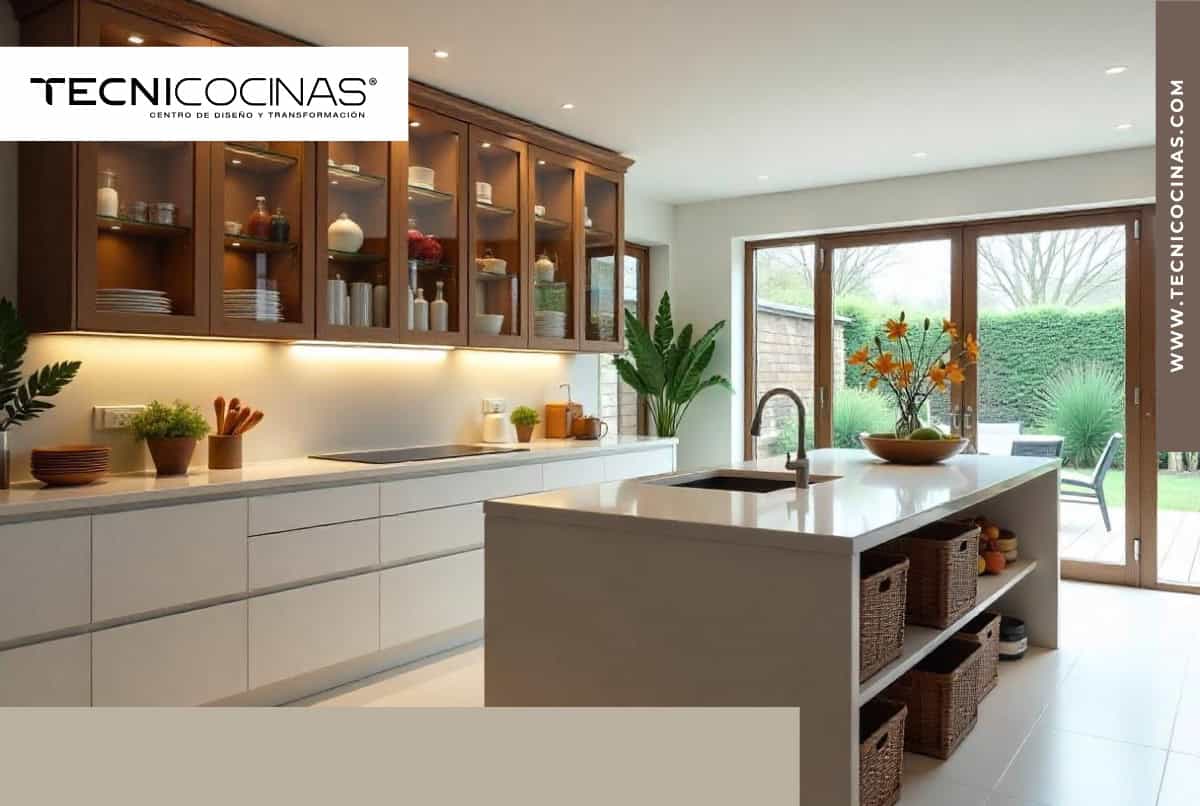 Cocina con cajones y estantes combinados para un almacenamiento eficiente y accesible.