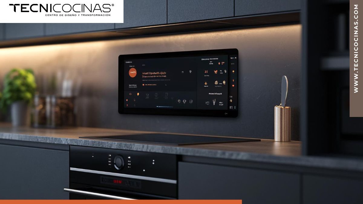 Tablet con sistema de control de hogar inteligente en cocina moderna con iluminación LED