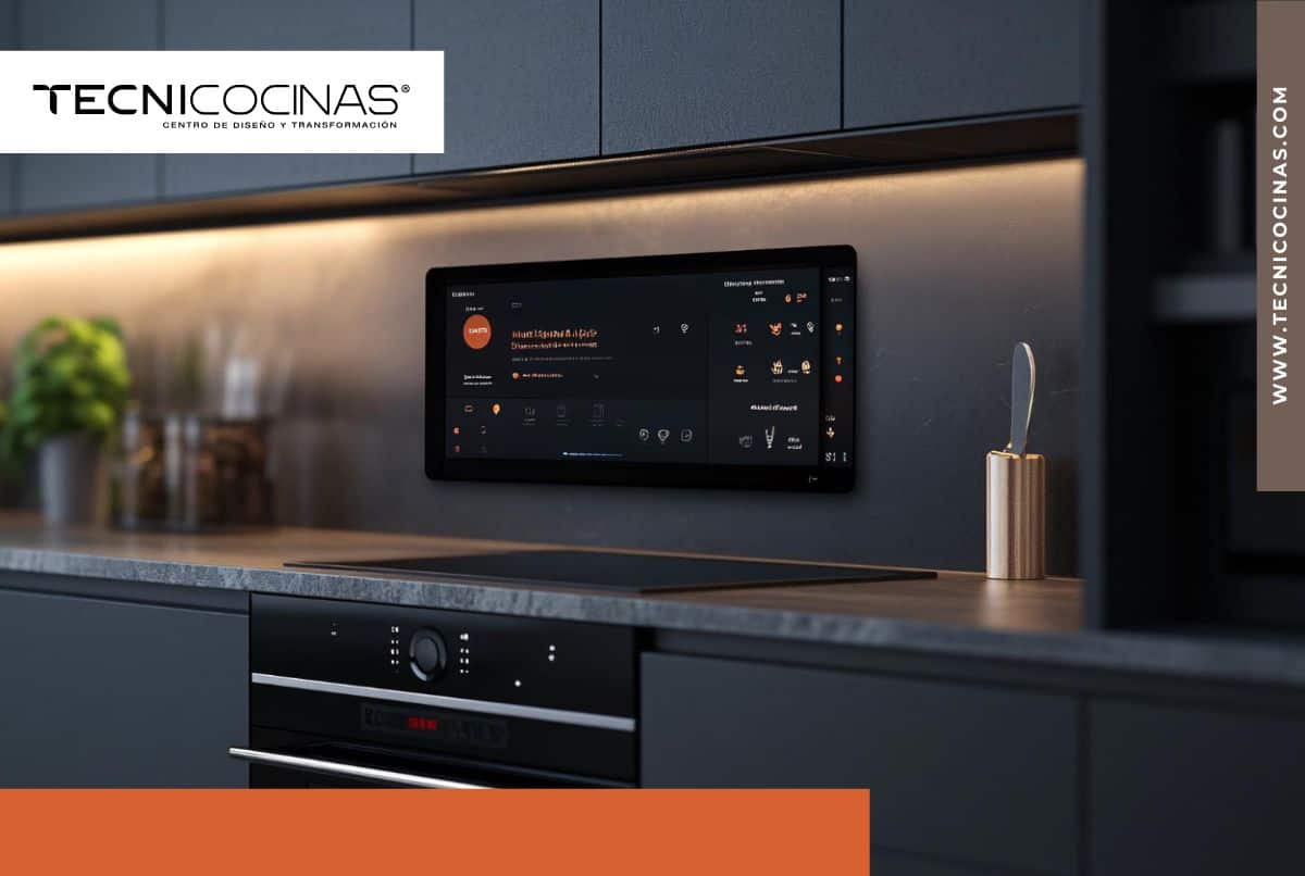 Tablet con sistema de control de hogar inteligente en cocina moderna con iluminación LED