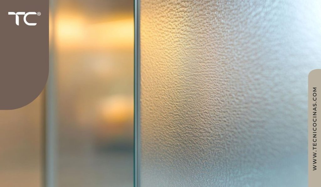 Detalle de vidrio esmerilado en cerramiento de cocina con luz difusa al fondo
