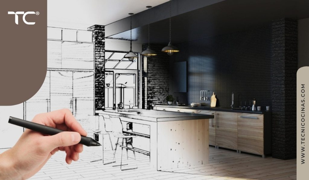 Diseño de cocina integral en proceso de modulación, del boceto al resultado final