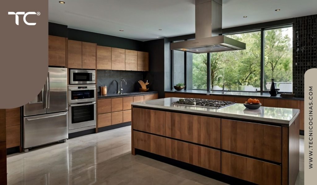 Cocina integral con isla central, módulos en madera y mesón de cuarzo en proyecto de alta gama