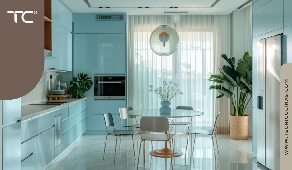 Cocina lineal con fondo celeste turquesa y conexión visual con zona social abierta.