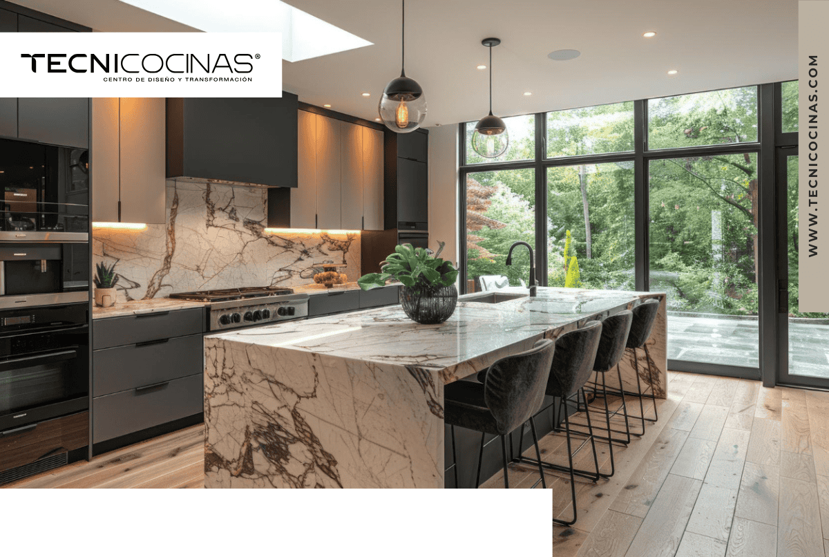 Cocina moderna con isla de mármol y puertas de vidrio que conectan con el jardín.