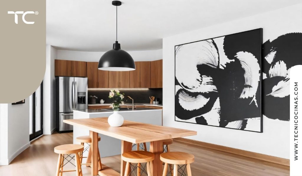 Cocina moderna con mesa de madera clara, arte abstracto en gran formato y lámpara escultórica.