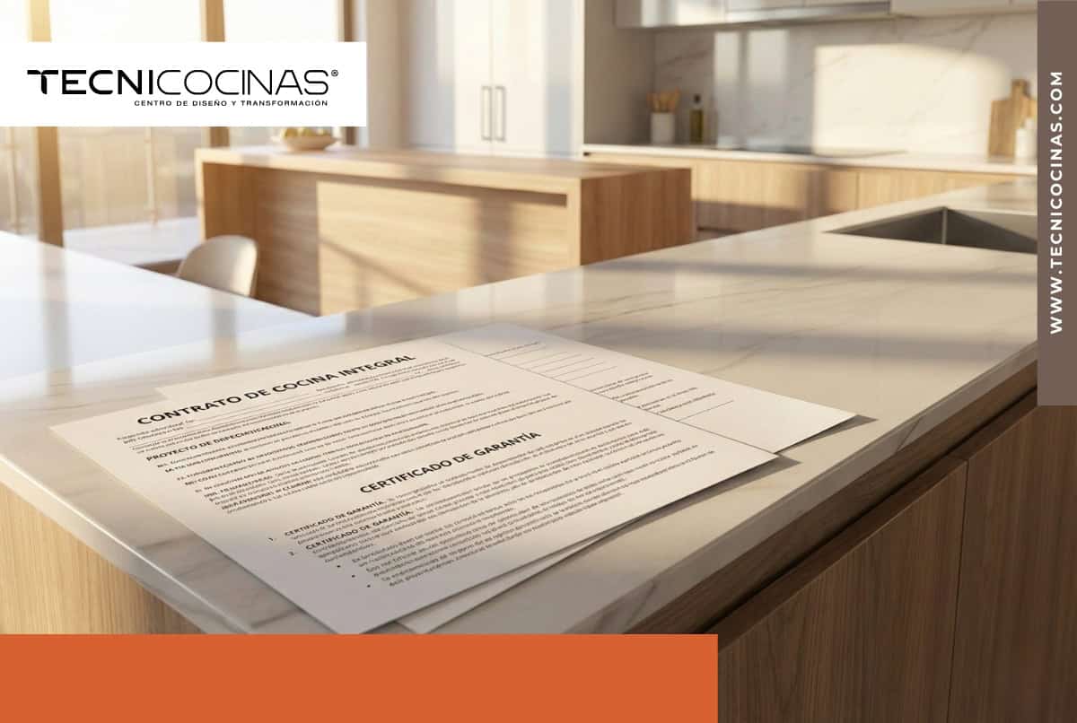 Documentos de garantía y contrato sobre mesón de cocina integral moderna