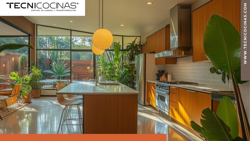 Cocina integral moderna con isla central, iluminación natural abundante y vegetación interior.