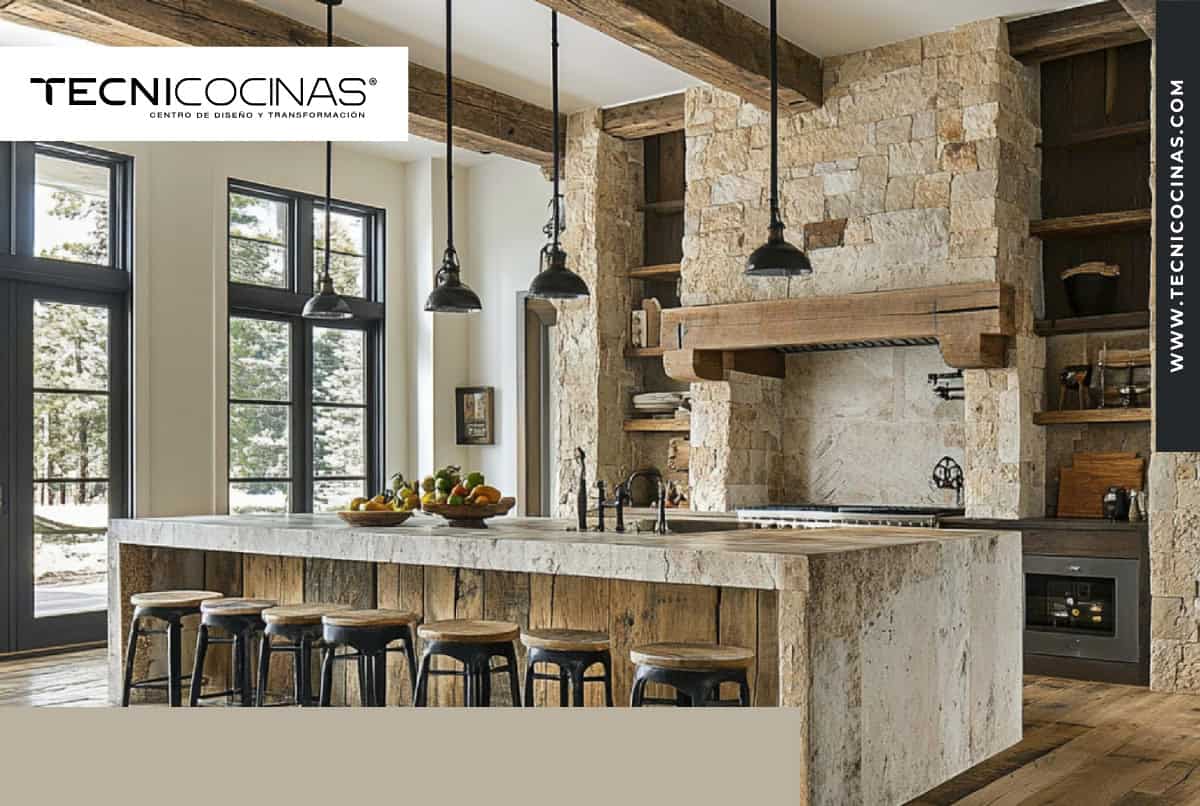 Cocina rústica con isla en madera reciclada, muros en piedra natural y luminarias de hierro