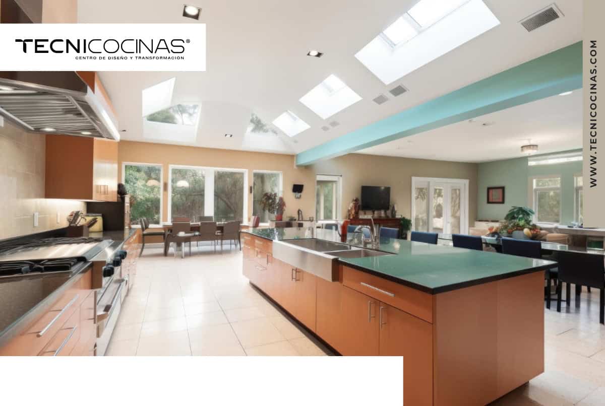 cocina integral moderna con mesones en verde,muebles en madera en formato abierto para unirse con el comedor y la sala, promoviendo el espacio social