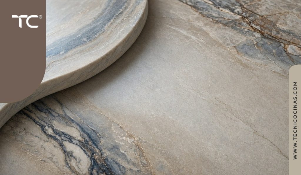 Detalle del canto curvo en un mesón de piedra
