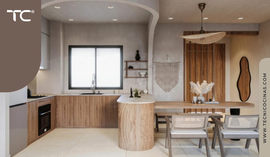 Cocina con isla curva como punto de encuentro familiar