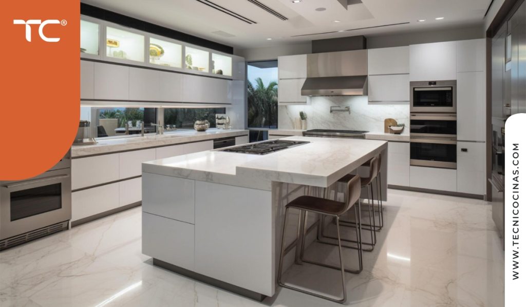 Isla de cocina integral integrada a sala con campana de techo y acabados en madera