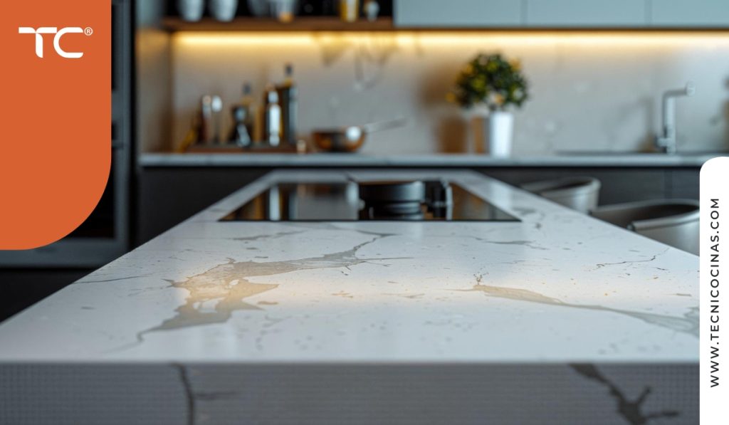 Mesón de cuarzo blanco con vetas doradas en isla de cocina integral moderna