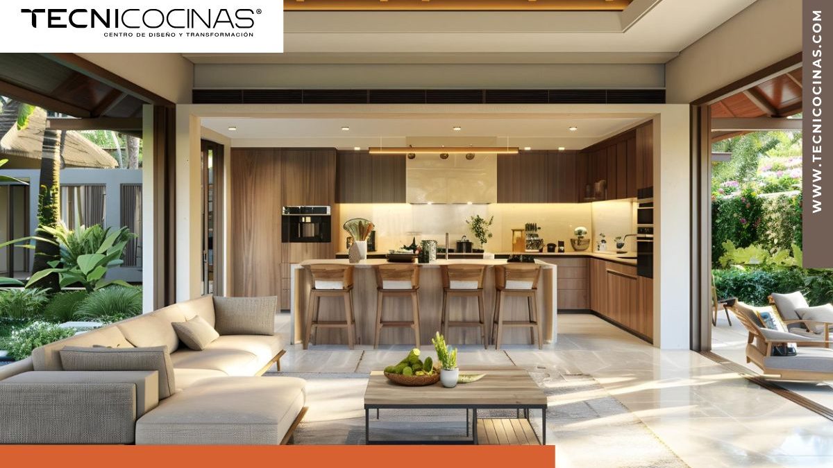 Cocina integral con isla XXL y barra integrada a sala en residencia de alto nivel - Tecnicocinas