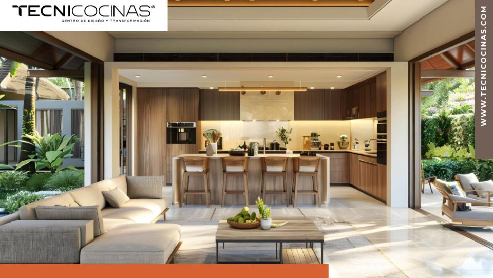 Cocina integral con isla XXL y barra integrada a sala en residencia de alto nivel - Tecnicocinas