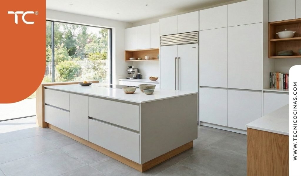 Cocina integral contemporánea con mesón de perfil delgado en isla central mostrando diseño limpio y funcional con gabinetes blancos