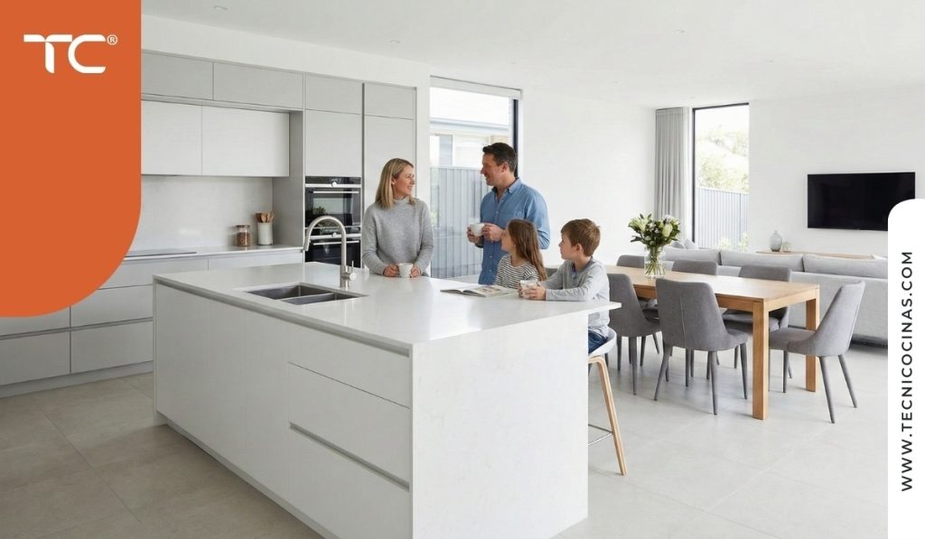 Familia reunida alrededor de isla de cocina con mesón sin grosor visible que integra espacio social y funcional en cocina abierta