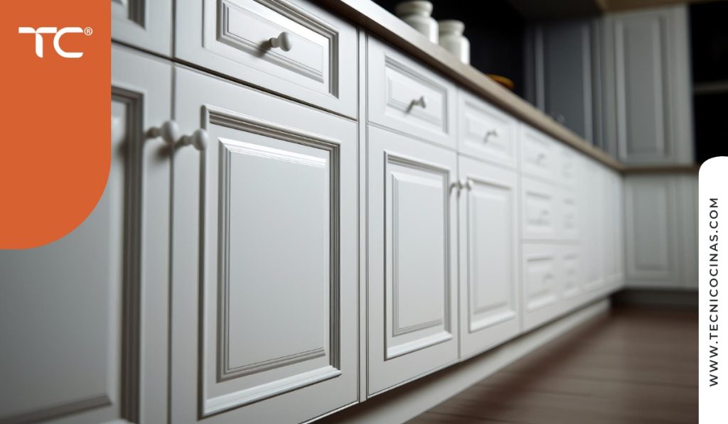 Primer plano del marco de cinco piezas y el panel hundido característico de las puertas de cocina estilo shaker en color blanco.