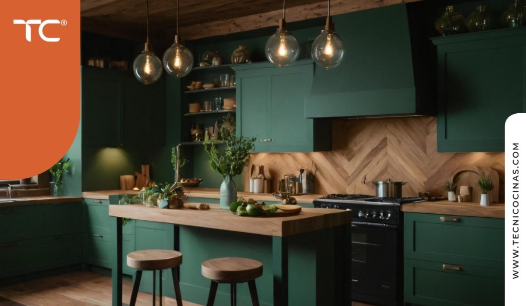 Cocina contemporánea con puertas shaker en color verde oscuro, combinadas armónicamente con superficies y acabados en madera natural.