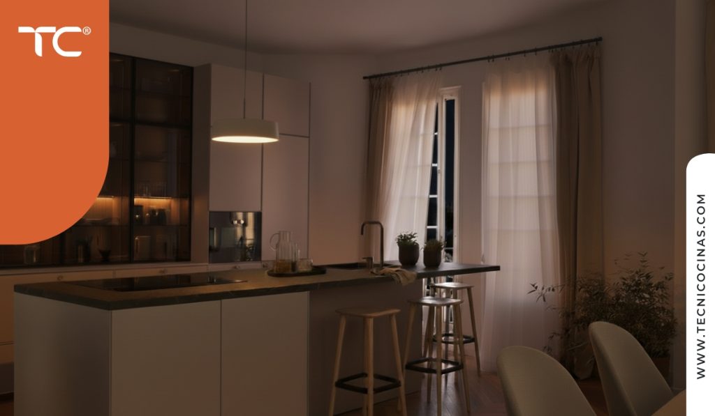 Cocina con iluminación circadiana nocturna mostrando luz cálida de 2700K para ambiente relajante