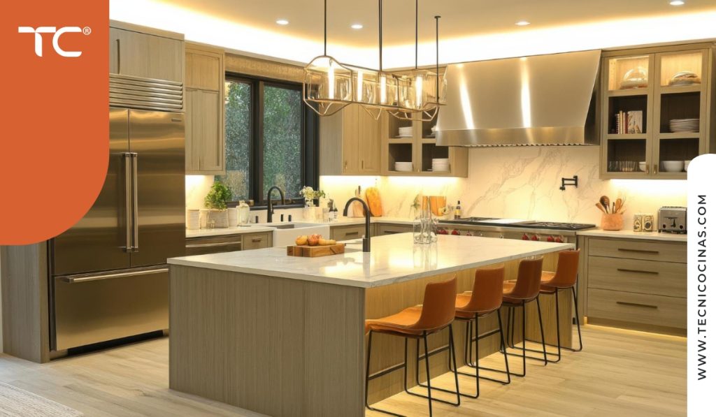 Iluminación ambiental LED empotrada en techo con luces de acento bajo gabinetes