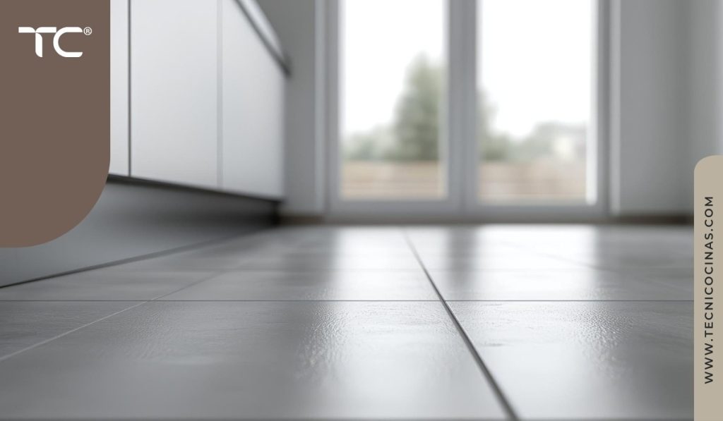 Vista a nivel de piso de cocina con cerámica gris claro de gran formato, juntas mínimas, gabinetes blancos y ventanal al fondo