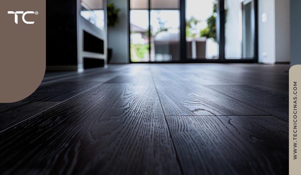 Piso de madera oscura con veta natural marcada, acabado mate, en espacio moderno con puertas corredizas de vidrio y marco negro