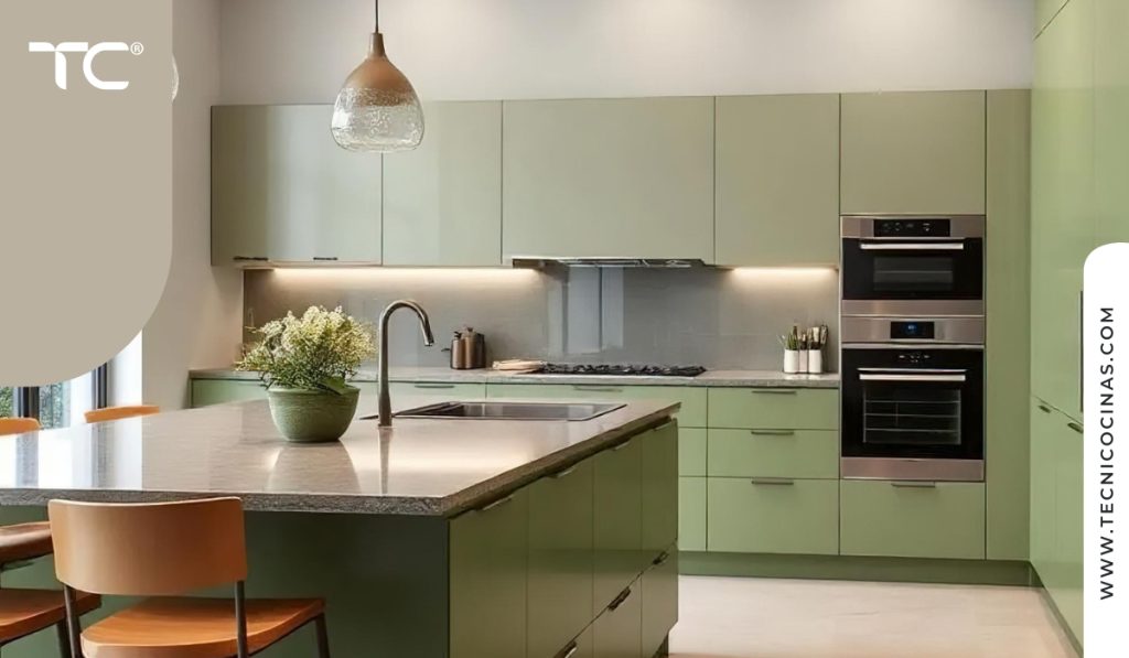 Cocina moderna en verde oliva combinada con mesón gris y acabados cálidos