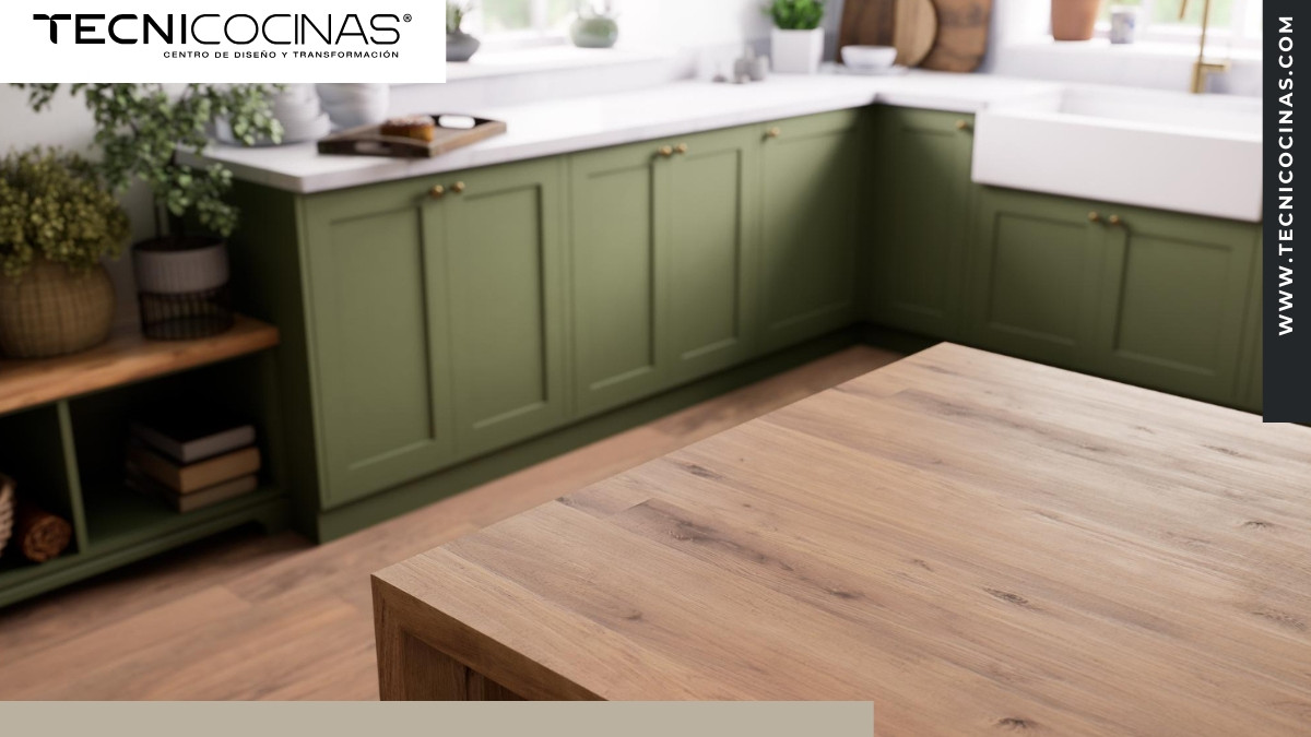 Cocina moderna con gabinetes verde oliva y mesón en madera de nogal