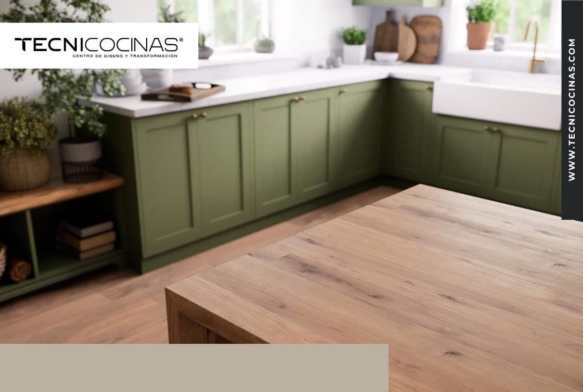 Cocina moderna con gabinetes verde oliva y mesón en madera de nogal