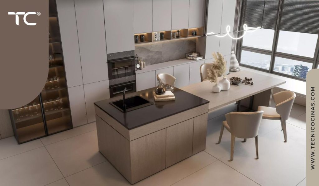 Cocina con isla y vinoteca de vidrio ahumado iluminada al fondo
