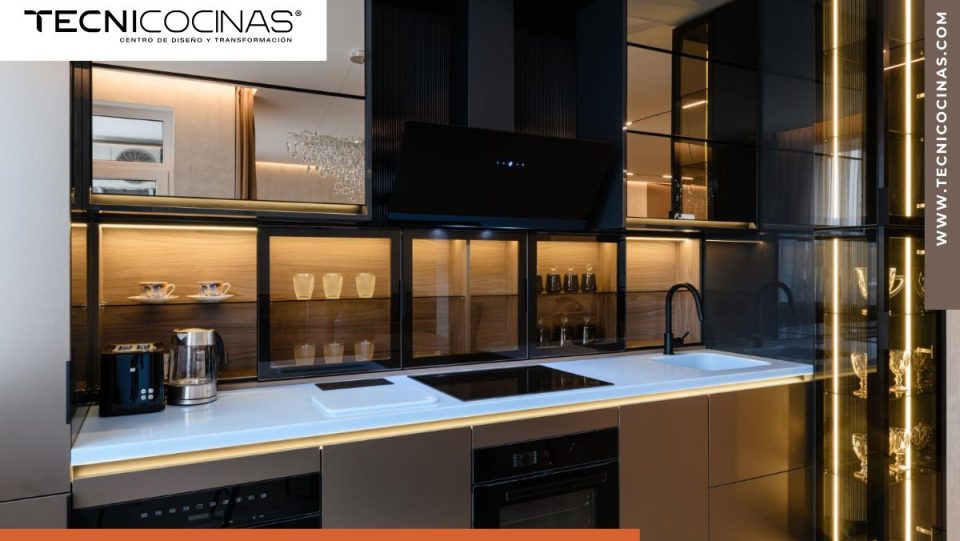 Vitrina de cocina con vidrio ahumado, marco negro e iluminación interior